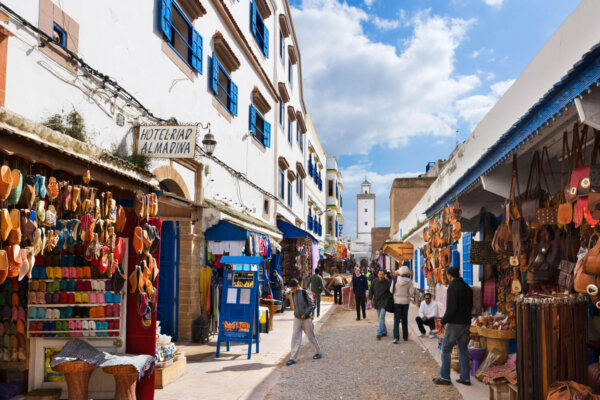 CEH1NB Shops and stalls in the Medina, Rue Attarine, Essaouira, Morocco, North Africa
